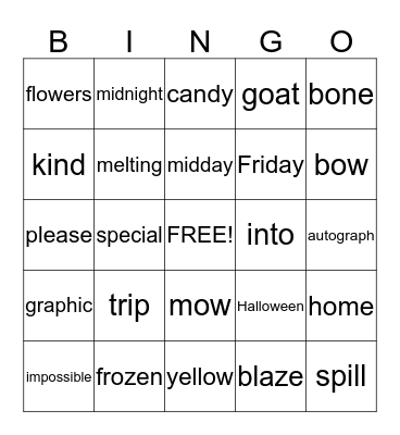Spelling Bingo Card