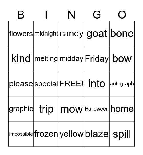 Spelling Bingo Card