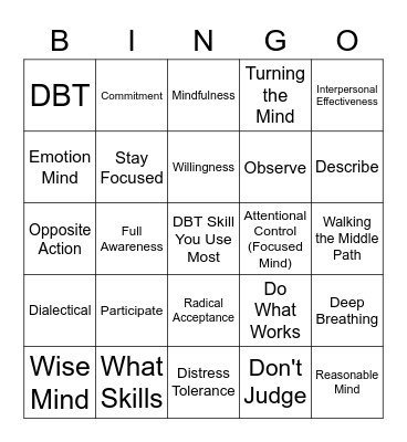 DBT Skills Bingo! Bingo Card