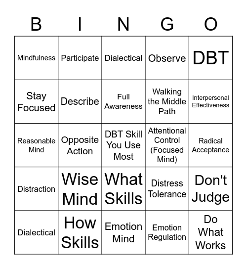 DBT Skills Bingo! Bingo Card