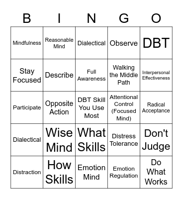 DBT Skills Bingo! Bingo Card