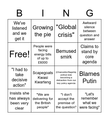 Liz Truss press conference bingo Card