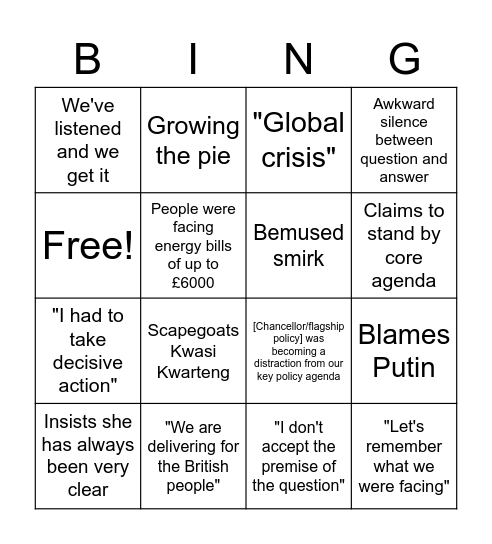 Liz Truss press conference bingo Card