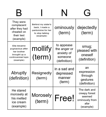 English Vocab Bingo Card