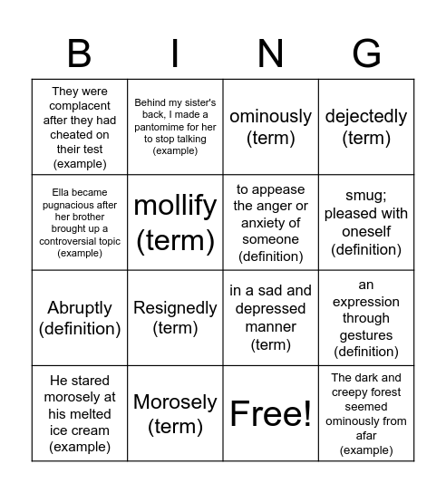 English Vocab Bingo Card