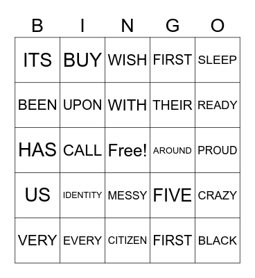 BINGO SIGHT WORDS Bingo Card