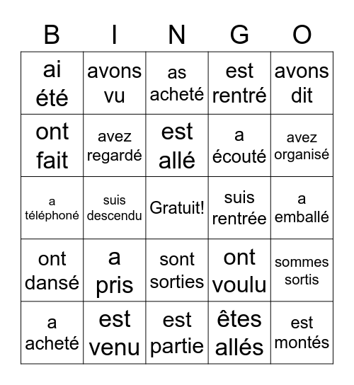 Passe Compose with Etre et Avoir Bingo Card