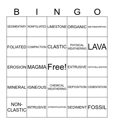 Rock Cycle Bingo Card