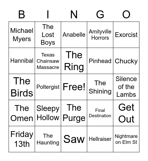 Scary Movies Bingo Card