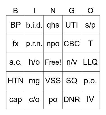 Medical Abbreviations Bingo Card