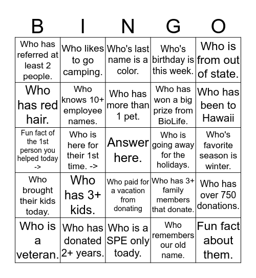 Find a donor... Bingo Card