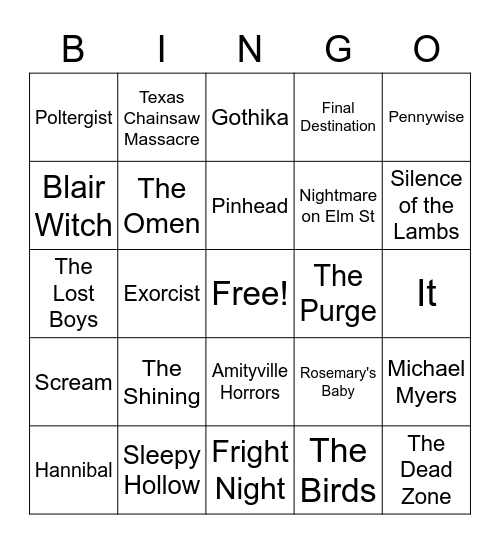 Scary Movies Bingo Card