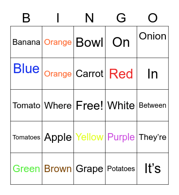 Fruit/veggies/color Bingo Card
