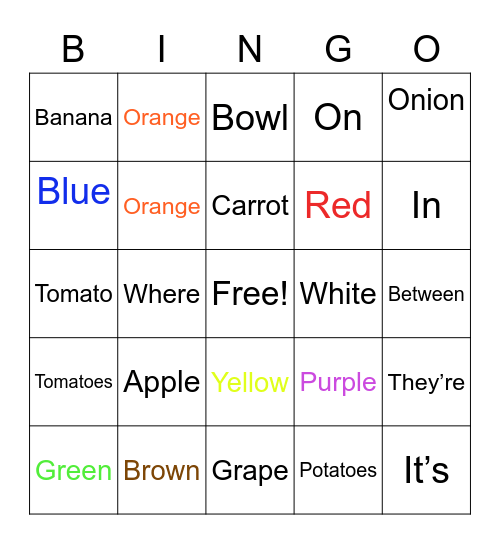 Fruit/veggies/color Bingo Card