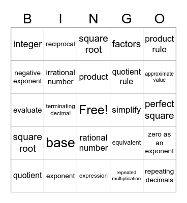 Vocabulary Bingo Card