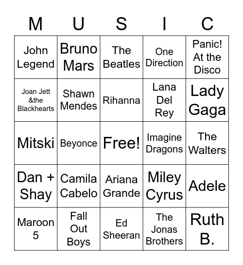 Bingo For Teens - Music Bingo Card