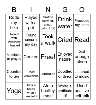 Student Wellness Bingo Card