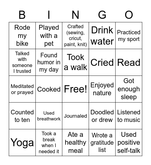 Student Wellness Bingo Card