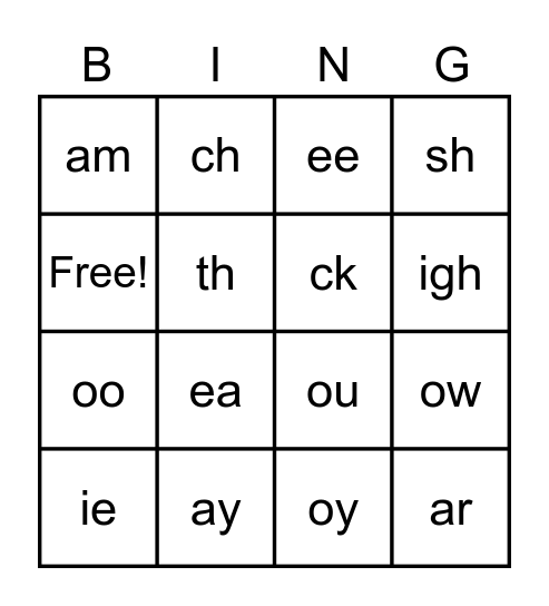 Diphthong Bingo Card