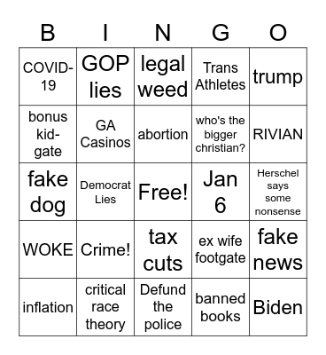Warnock v Walker Debate Bingo Card