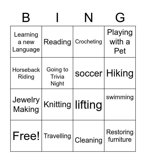 Hobby Bingo Card