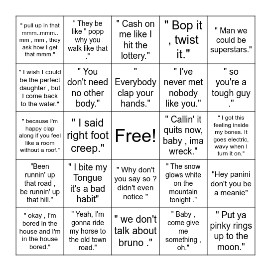 Song Bingo Card