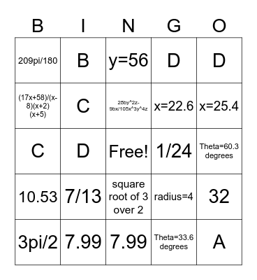 Algebra Review Bingo Card