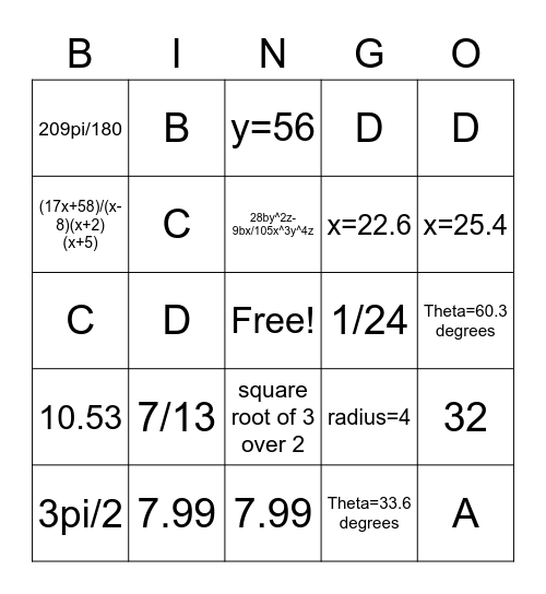 Algebra Review Bingo Card
