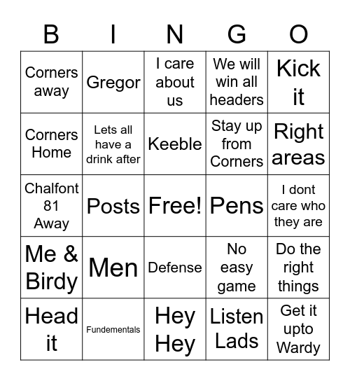 Corporal Carr Team Talk BingoDefense Bingo Card