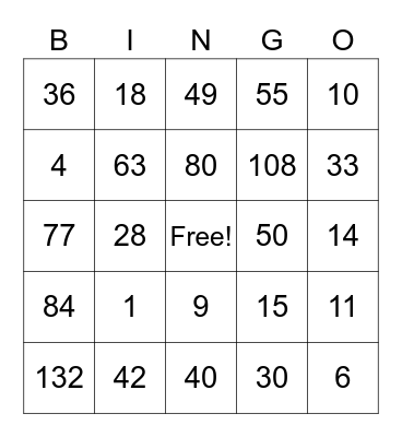 MATH FACTS Bingo Card