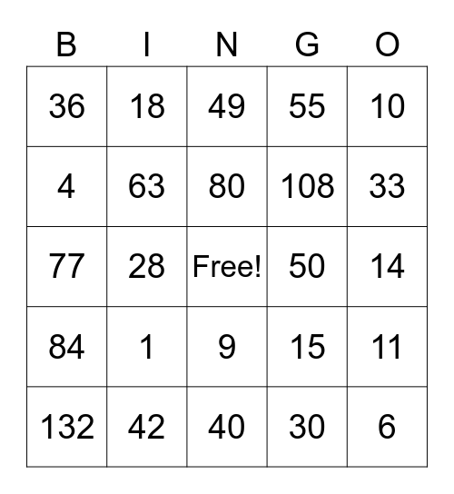 MATH FACTS Bingo Card