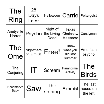 Horror Movie Bingo Card