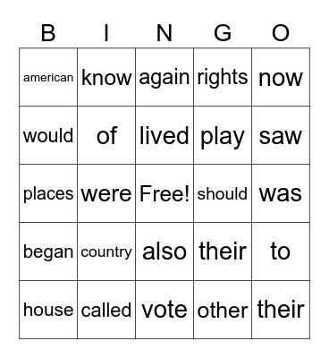 Unit 2: High Frequency Words Bingo Card