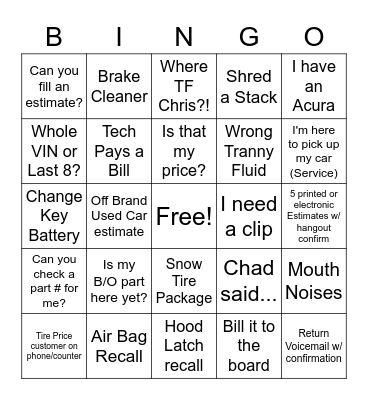 In - Snow Tire Package / Out - Are you here by yourself? Bingo Card