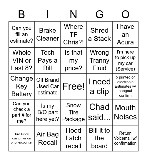 In - Snow Tire Package / Out - Are you here by yourself? Bingo Card