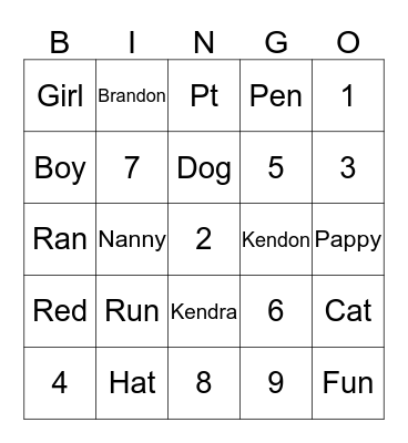 Kendon's Bingo Card