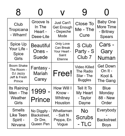 DISCO BINGO 80s VS 90s Bingo Card