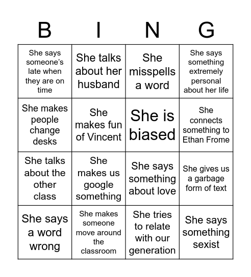 Stouffer Bingo Card