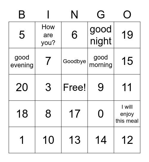 Japanese Bingo 1-10 and phrases Bingo Card