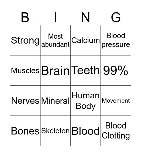 Calcium Bingo Card