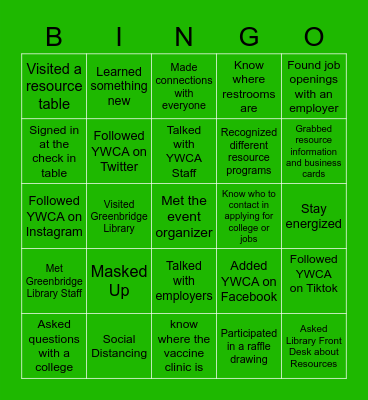 YWCA Youth Jobs and Resources Fair Bingo Card