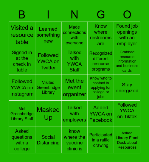 YWCA Youth Jobs and Resources Fair Bingo Card