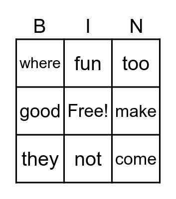 Week 4 High Frequency Word List Bingo Card