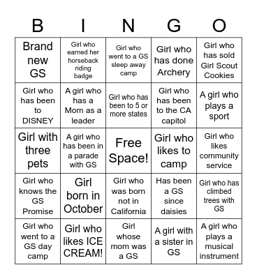 Girl Scout (GS) get to know you BINGO Card