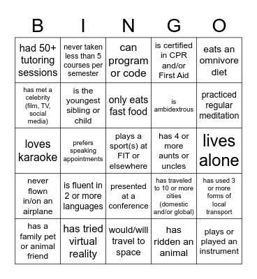 Get to know fellow Studio Staff! Bingo Card