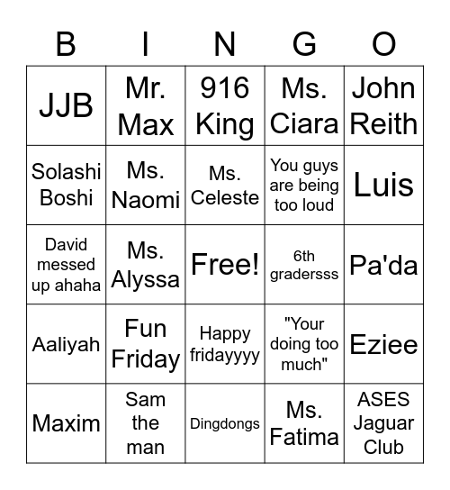 Ms. Celeste FUN FRIDAY Bingo Card