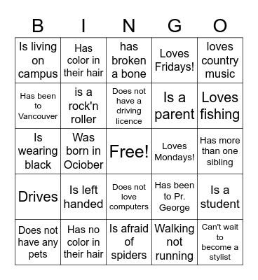 Get to know each other Bingo Card