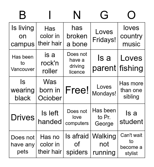 Get to know each other Bingo Card
