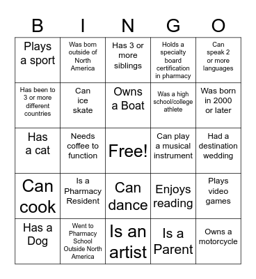 ASJH Pharmacy People Bingo Card