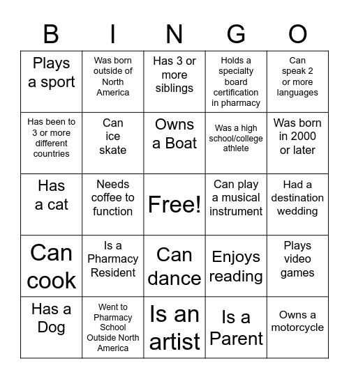 ASJH Pharmacy People Bingo Card